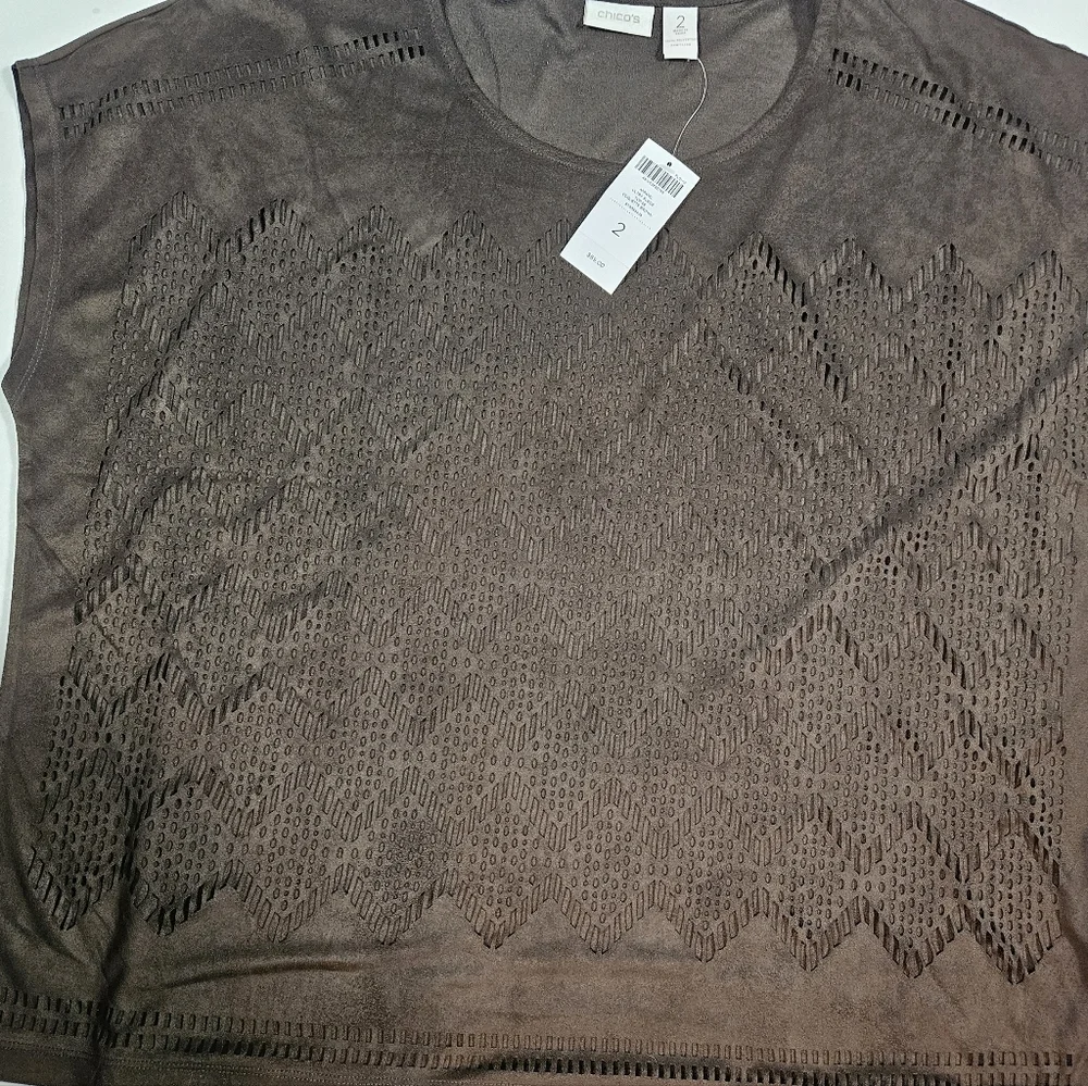 Chicos Chocolate Brown Ultra Suede Coquette Top Size 2 US 12 Large Sheer Blouse - Picture 7 of 12